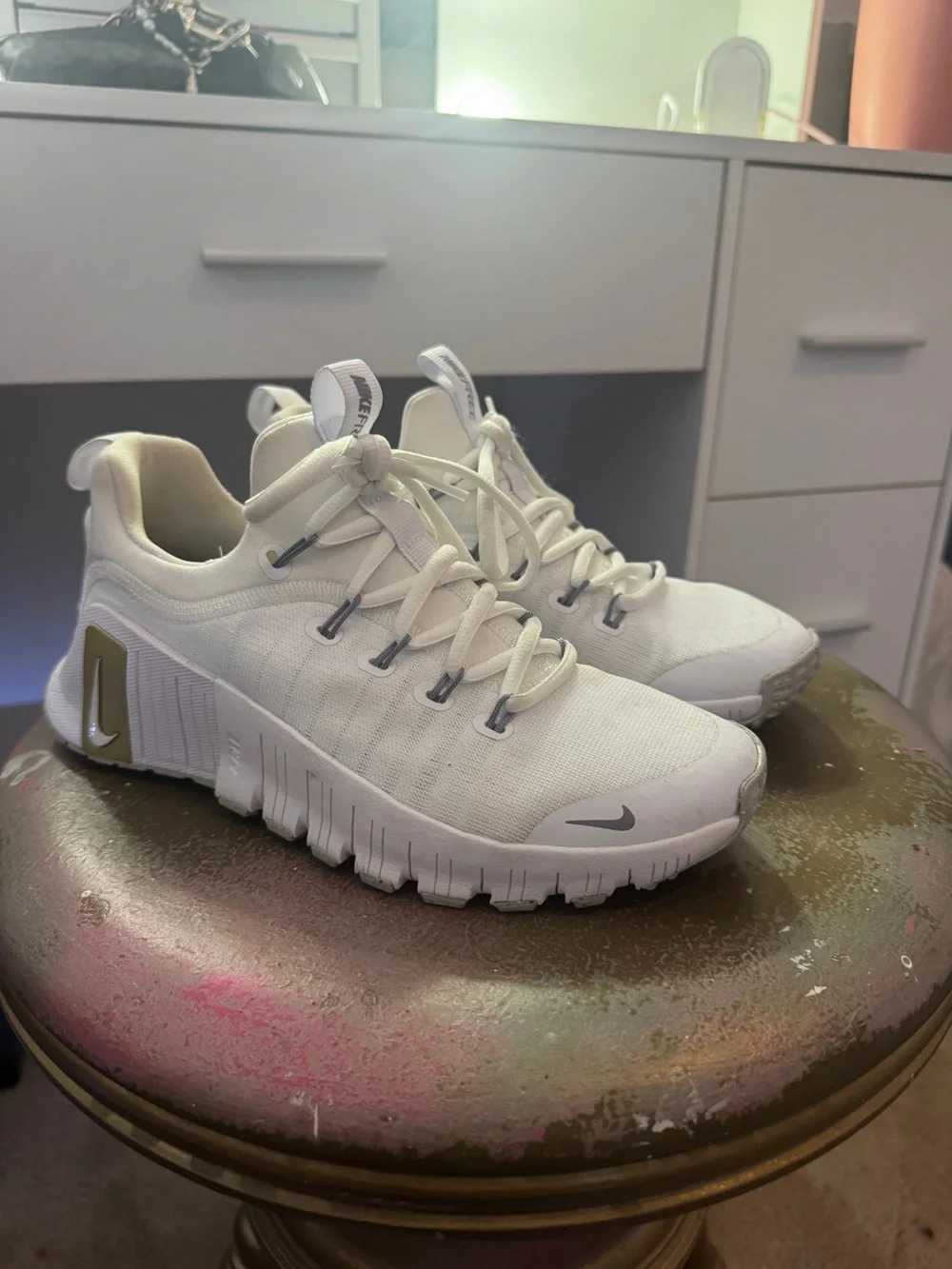 Custom Nike Metcons Women's White Athletic Sneakers with Gold Accent